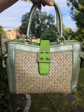 Vintage  Coach Woven Straw Satchel, Green Suade Leather.2004
